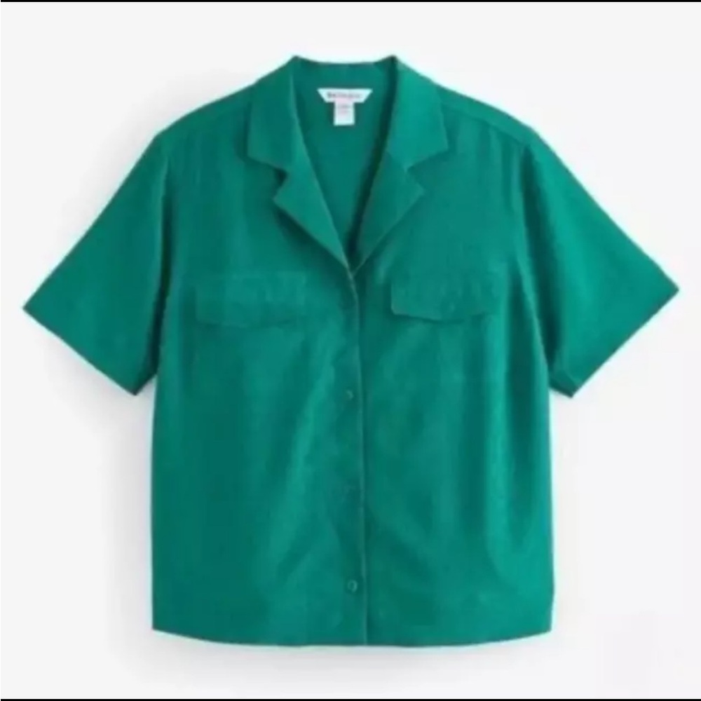 ATHLETA Echo Top Green Size LARGE Button Down Short Sleeve Collar - MSRP $99